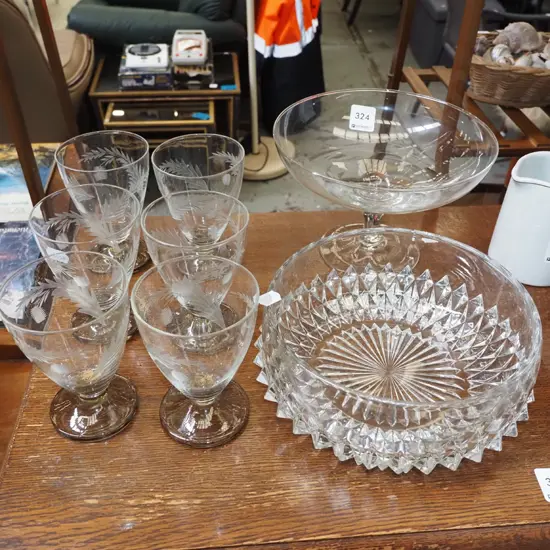 crystal bowl, etched glasses, glass comport