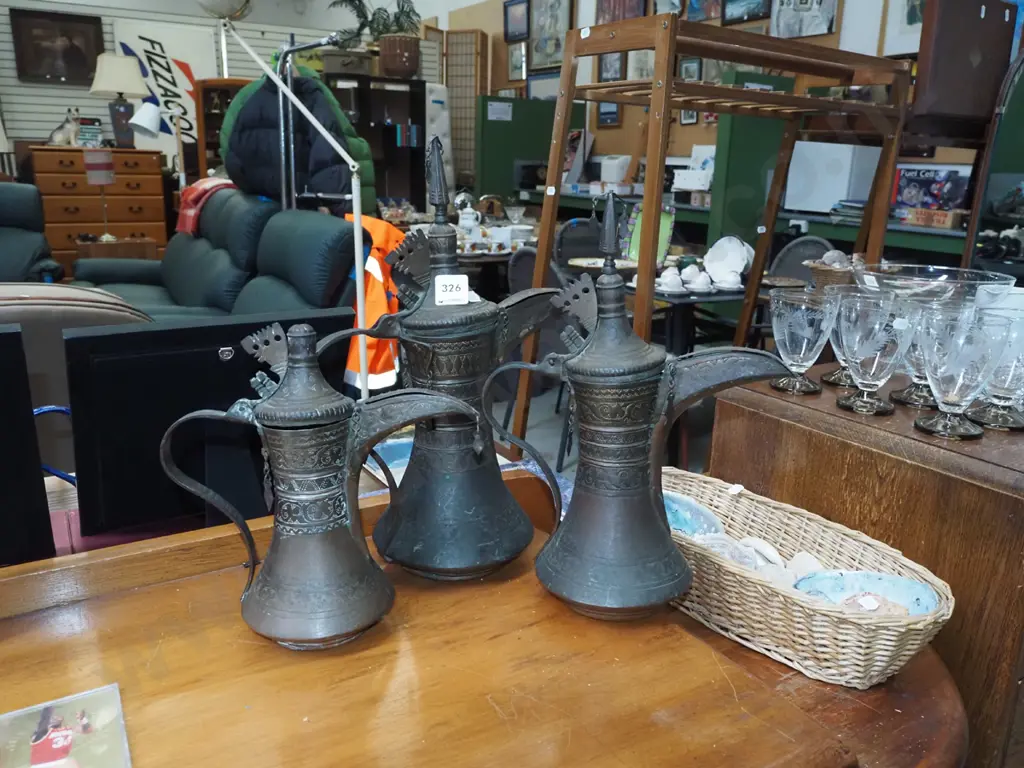 3x copper Middle Eastern coffee pots H350 Image 1++