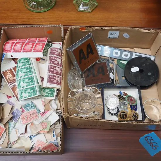 car badges, ink well, napkin ring, box of stamps  etc - orange dots