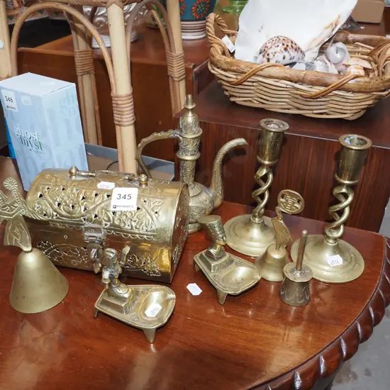 assorted brass items; ashtrays etc