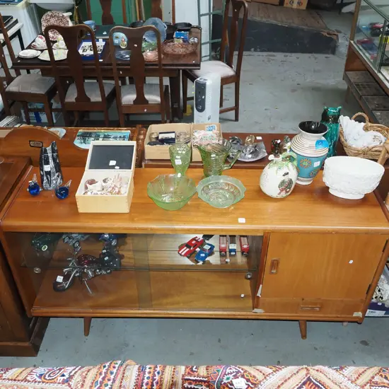 mid century sideboard with 2 glazed sliding doors, cupboard and drawer H800 W1510 D400