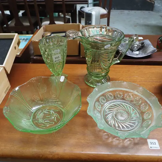 depression green glass jug, bowls etc