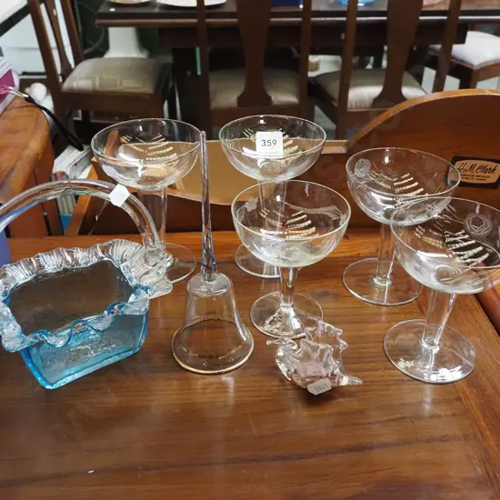 glass basket, hollow stemmed champagne flutes, bell etc