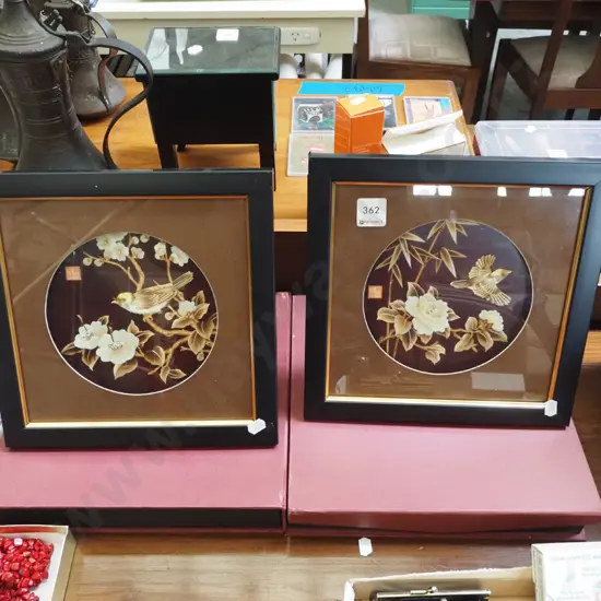 2x presentation Asian carved wood framed pictures