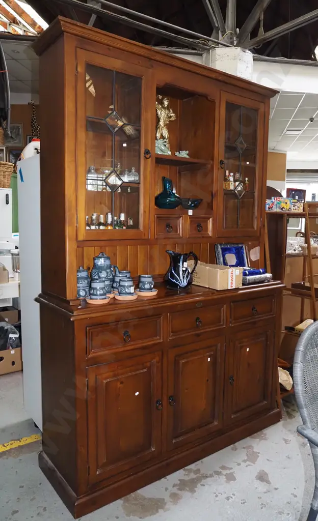 solid pine wall unit with 3 solid doors, 5 drawers, 2 leadlight doors H2050 W1400 D450 Image 1++