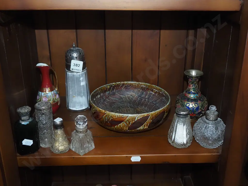 shelf; Royal Doulton bowl, cloisonne vase, scent bottles etc Image 1++