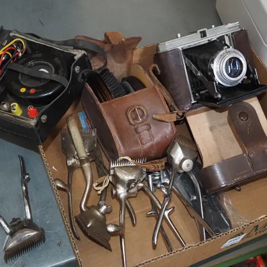 box; hand held clippers, clothes brushes, vintage leather cased camera, voltmeter