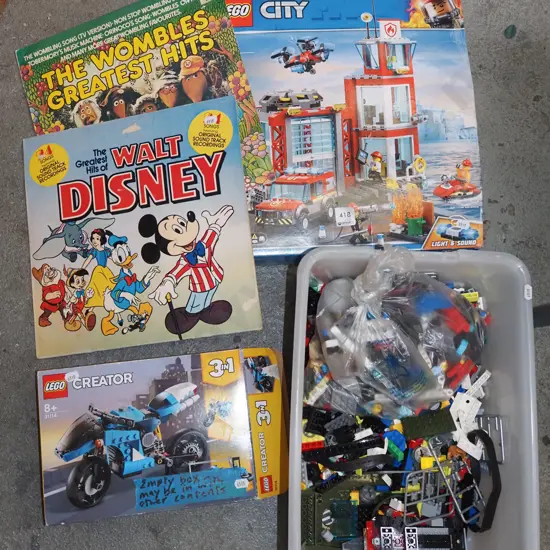 box of Lego, tub of Lego, empty creator kit, 2x LPs