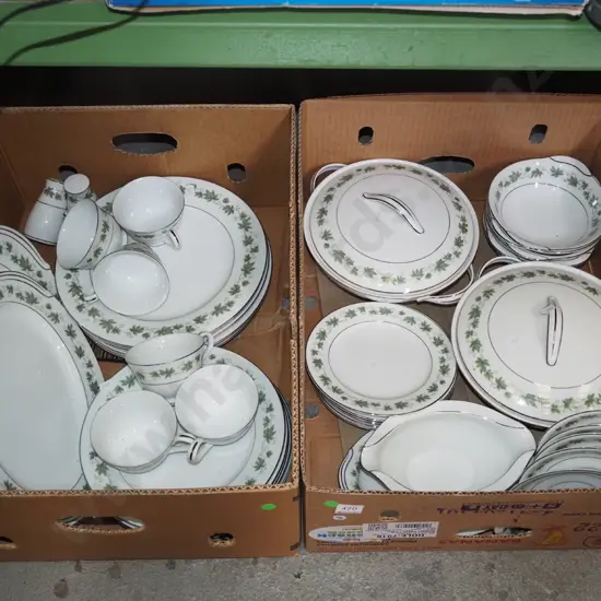 2x boxes; Japanese grape vine items, lidded veges, bowls etc - green dots