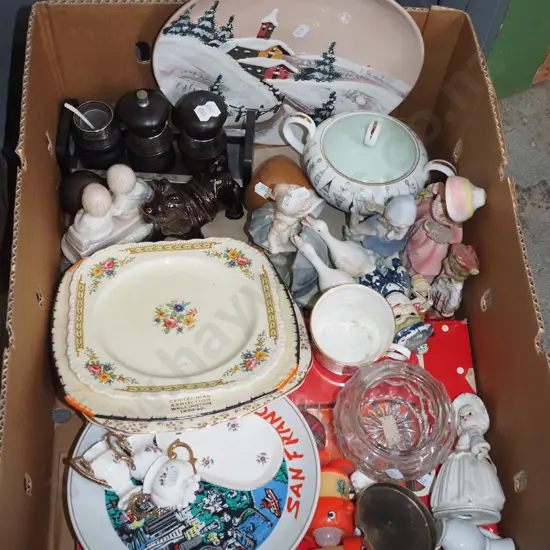 box; plates, figurines, salt and pepper set etc