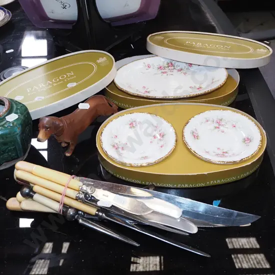 cutlery, Paragon Victoria Rose plates, sausage dog figurine etc