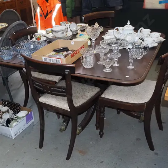 restorer's mahogany twin pedestal extending dining table with 4 matching mahogany bergere