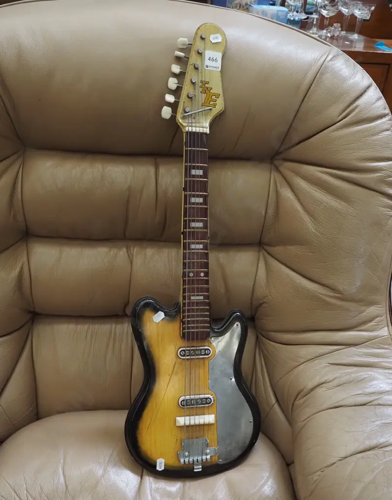 vintage small tin toy steel string guitar - some dents, bend to neck L670 Image 1++