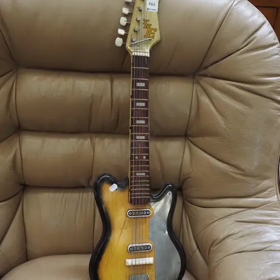 vintage small tin toy steel string guitar - some dents, bend to neck L670