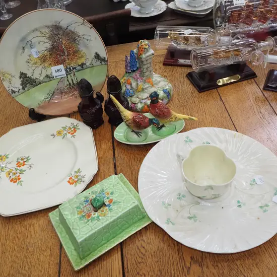 Royal Doulton cabinet plate, Tuscan ware ornament, Belleek cup and saucer etc