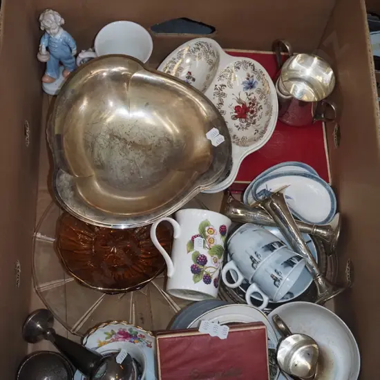 box; plated footed bowl, amber glass dish, playing cards etc