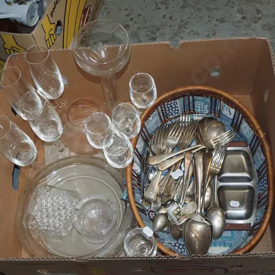 box; assorted glassware, cane basket etc