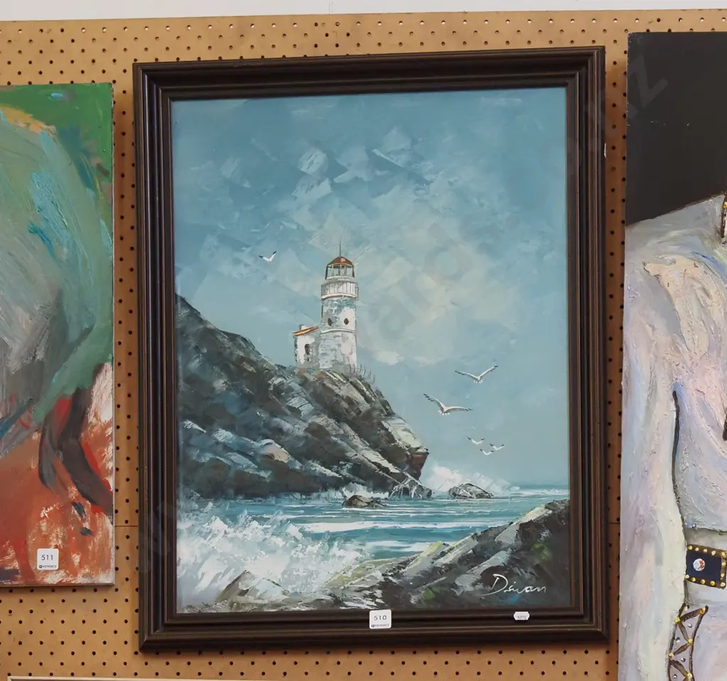framed oil on board - lighthouse Image 1++