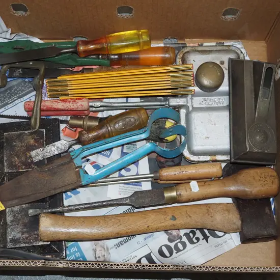 box; shears, hatchet, chisels, folding rule etc