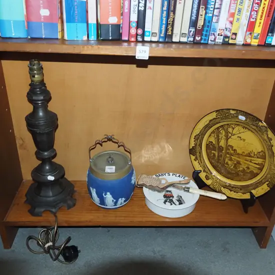 shelf; cast brass table lamp base, biscuit barrel etc