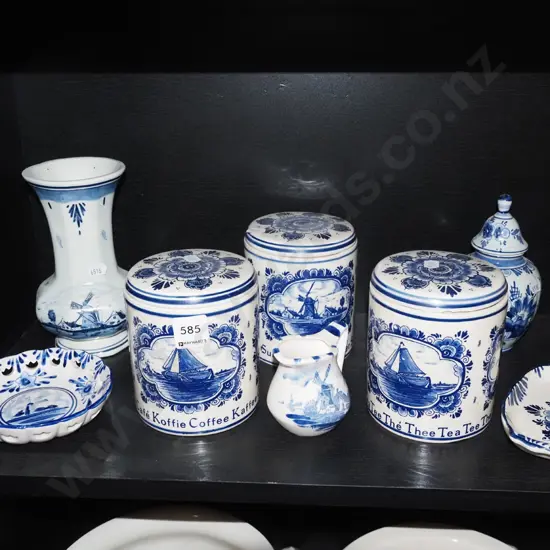 Delft storage canisters, creamer, vase etc