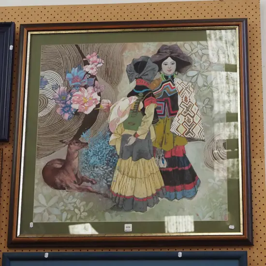 framed Asian print - 2x women and fawn
