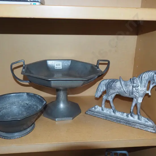 pewter bowl, comport, cast iron horse doorstop