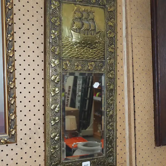 vintage pressed brass boat and leaf themed wall mirror
