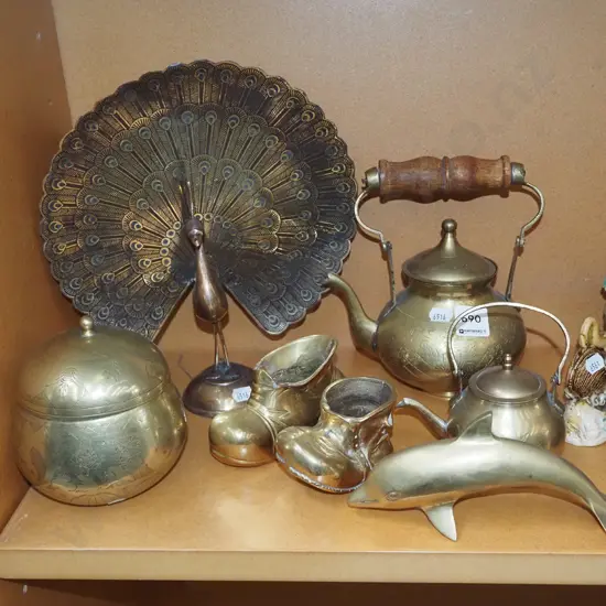 brass ware; peacock, kettle, shoes etc