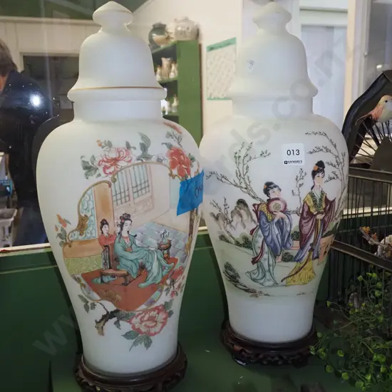 pair of Chinese glass lidded temple jars - 1 has significant crack H470