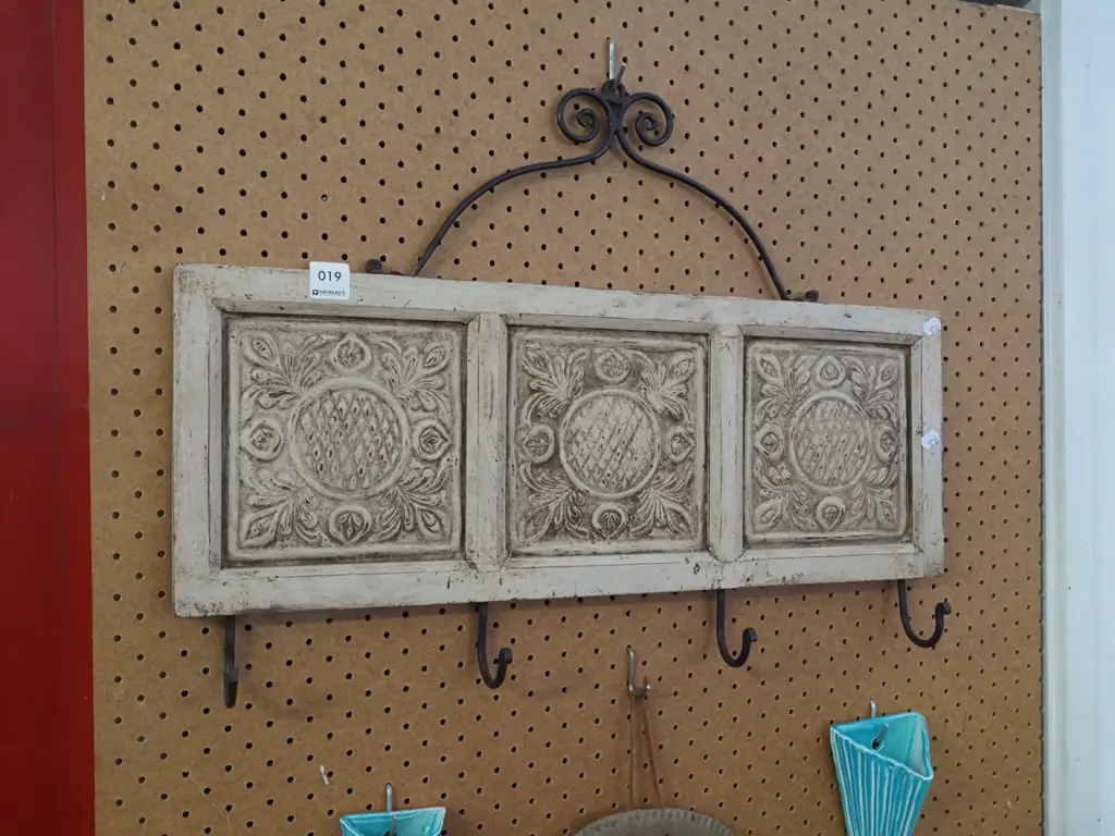 pressed tin, wood and metal wall coat hooks Image 1++