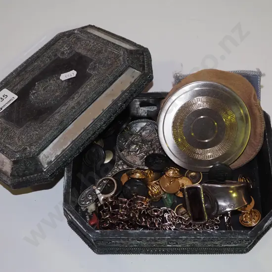 carved mirror trinket box and contents; mirror, buttons etc