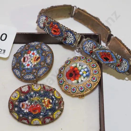 tray of enamel bracelet and 3x brooches