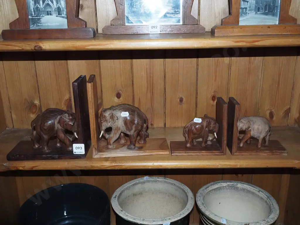 2x carved wooden elephant bookends -  have trunks Image 1++