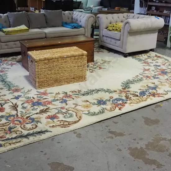 large cream and floral tufted floor mat - some wear and stains L3780 W2290