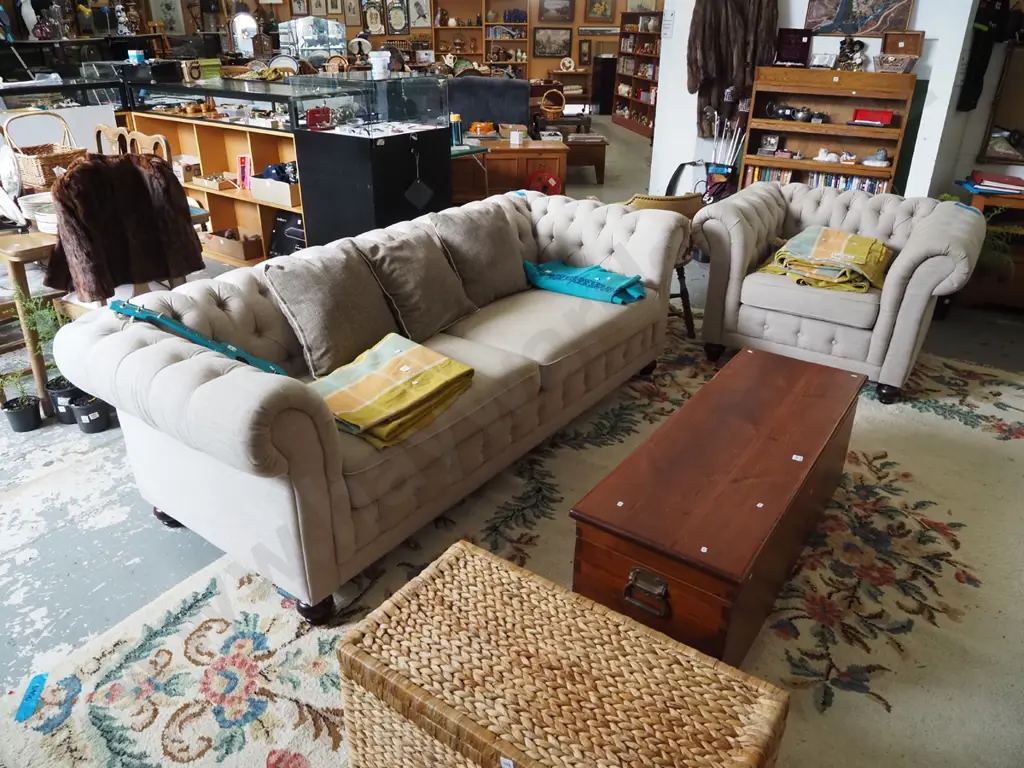 taupe deep buttoned chesterfield 3 seater settee and single chair - tidy condition  Image 1++