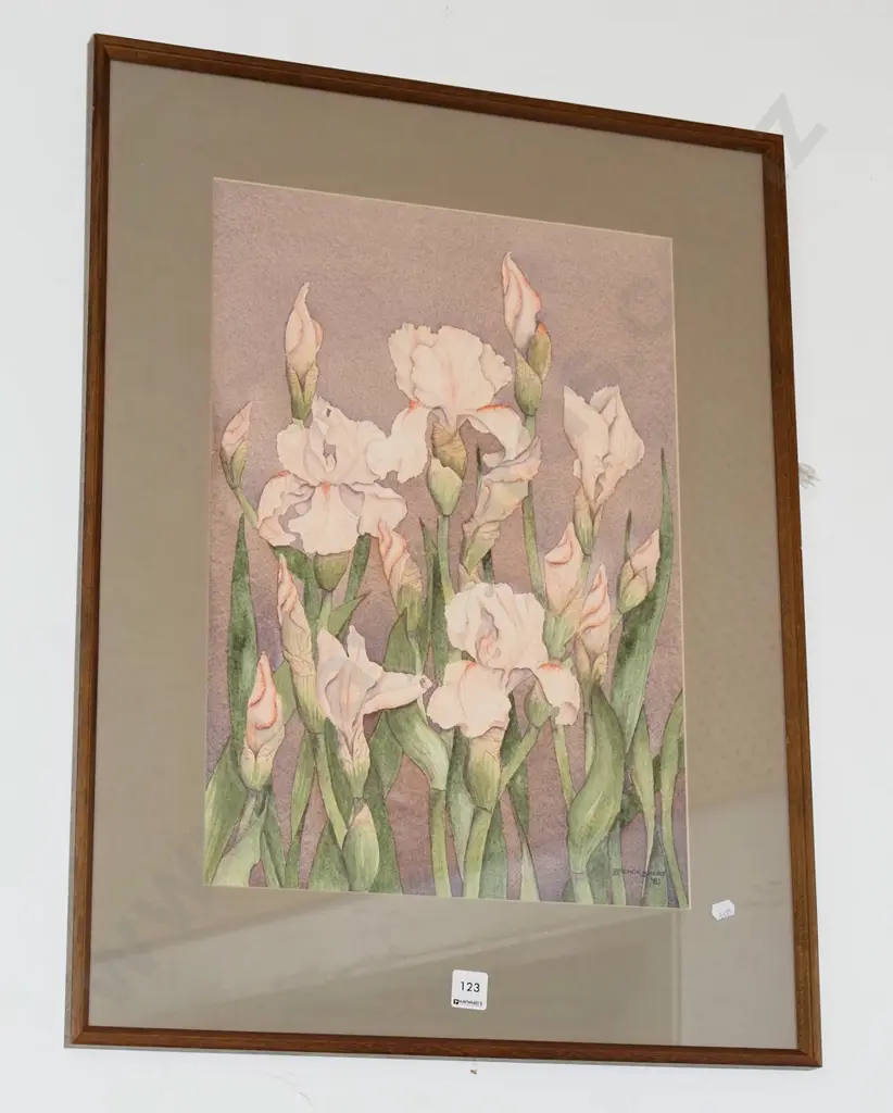 Brenda Shore '81 - framed watercolour - irises Image 1++