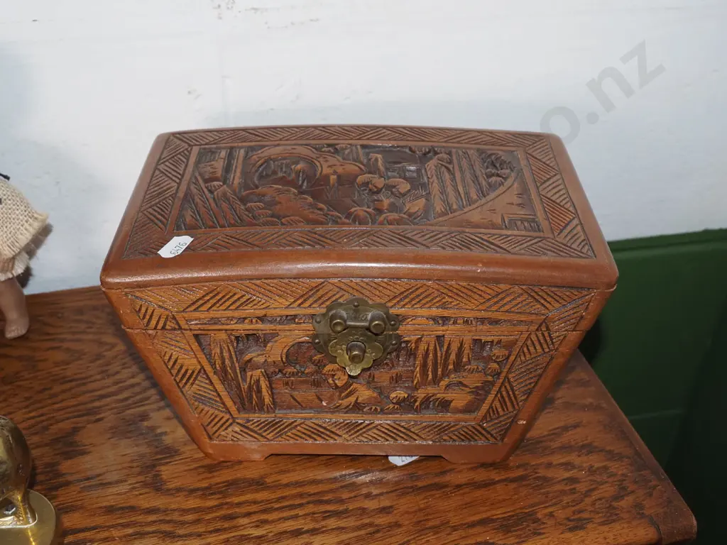 small carved camphorwood box and costume jewelllery Image 1++