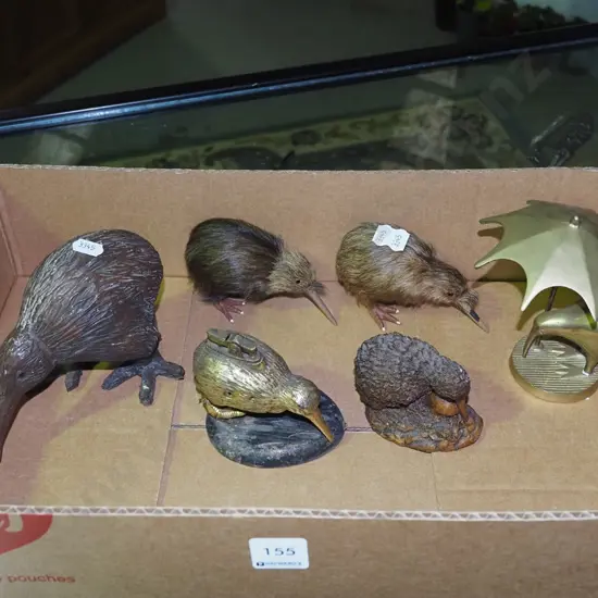 box; assorted brass & wooden kiwis etc