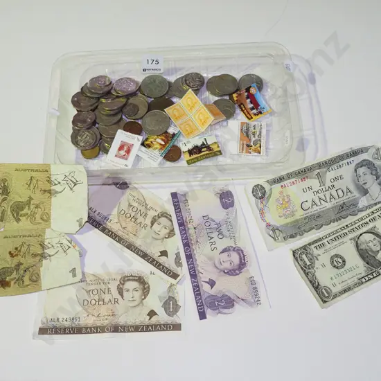 tray of coins, stamps & bank notes