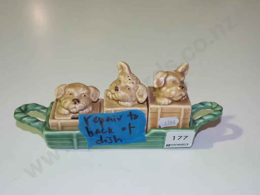Sylvac dog themed condiment set, repair to back of dish Image 1++