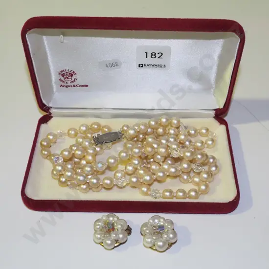 cased costume jewellery pearl necklace & clip on earrings