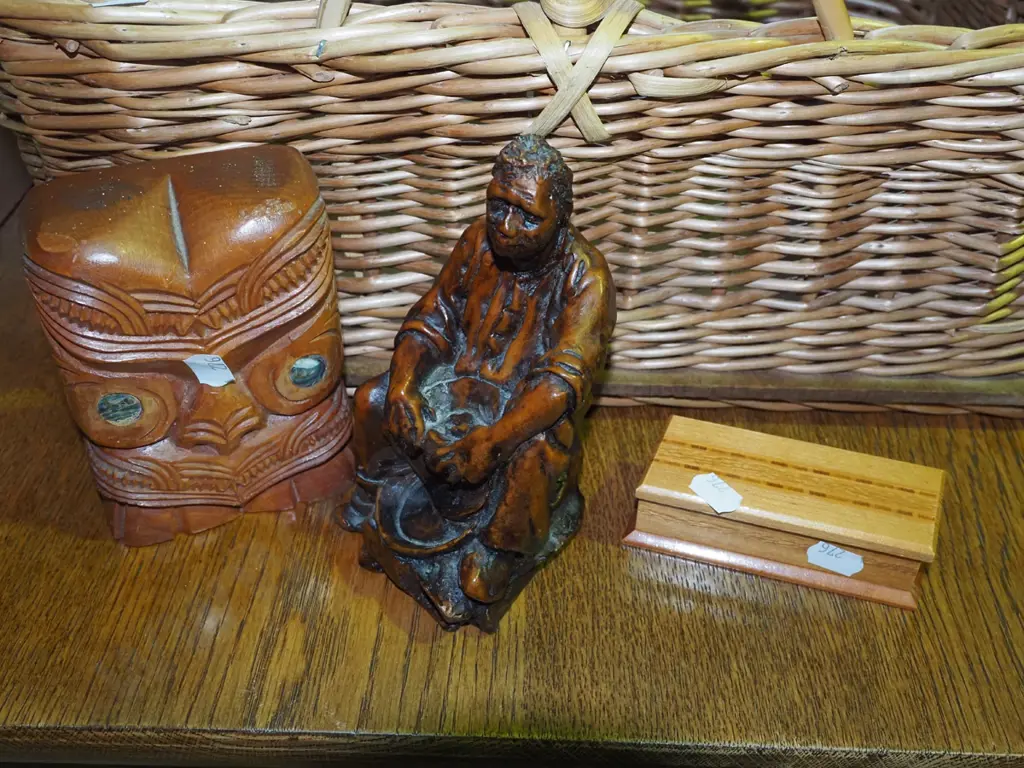 cane basket, wooden souvenir items & 2 knife steels Image 1++