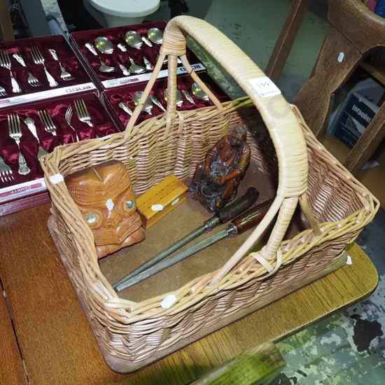 cane basket, wooden souvenir items & 2 knife steels