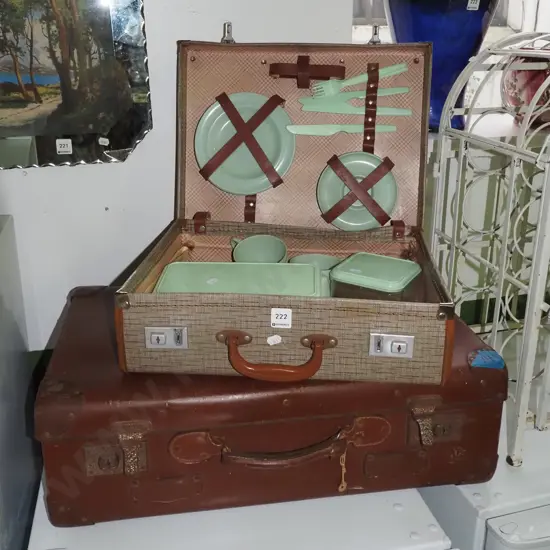 restorer's leather suitcase & vintage picnic set