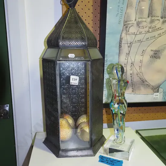 glass & metal hanging candle lantern & faux fruit, door doesn't latch H510, glass figurine, small chip to base H290