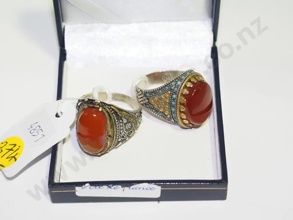 2x Yemen's mens stirling silver rings with carnelian agate stone Image 1++