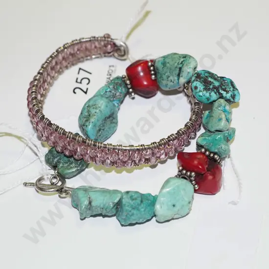 blue & red stone bracelet,  pink & silver bracelet