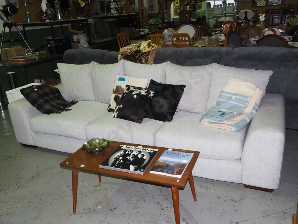 grey upholstered contemporary 3 seater settee with matching cushions H800 W2770 D1000 Image 1++