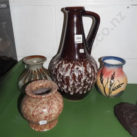 German pottery ewer, 3x other vases